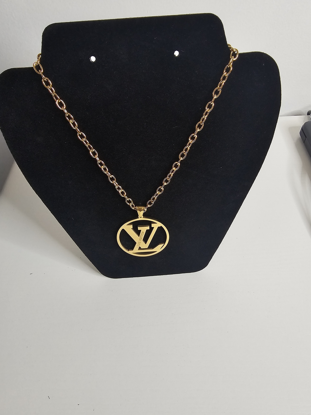 Stainless Steel  Gold-Tone LV Circle Pendant Necklace